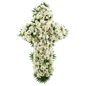 Cruz de flores blancas para funeral en Pamplona – elegante arreglo floral para homenajes